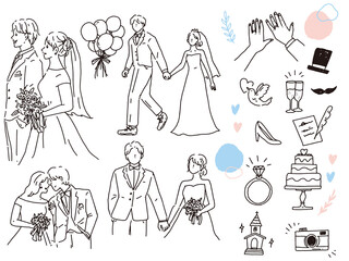 白黒、モノトーン、線画のイラスト(結婚、結婚式、カップル、夫婦、招待状、ウェルカムボード、指輪、新生活、幸せ) Illustrations of black and white, monotone, and line drawings.Weddings, couples, invitations, rings, happiness.
