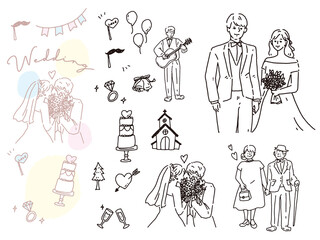 Obraz premium 白黒、モノトーン、線画のイラスト(結婚、結婚式、カップル、夫婦、招待状、ウェルカムボード、指輪、新生活、幸せ) Illustrations of black and white, monotone, and line drawings.Weddings, couples, invitations, rings, happiness.