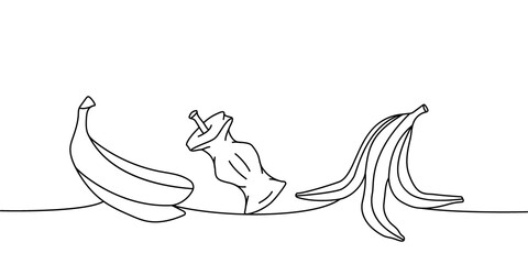 Set of organic trash one line continuous drawing. Peel of banana, apple stub continuous one line set illustration. - obrazy, fototapety, plakaty