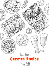 German food frame. Oktoberfest menu. German cuisine. Sketch style. Menu design template. Hand drawn vector illustration. Food and drink sketch. Black and white. Engraved style