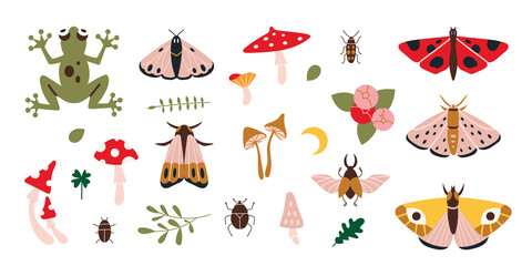 Forest items set, butterflies, mushrooms, plants, cartoon style. Cottagecore, goblincore aesthetics. Trendy modern vector illustration, hand drawn