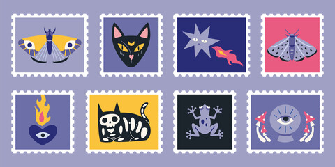 Obraz na płótnie Canvas Set of cute hand-drawn post stamps with Witchcraft, occult things like Crystal ball, frog, cat, moth. Trendy modern vector illustartions in Cartoon Flat design. Mail and post office drawing