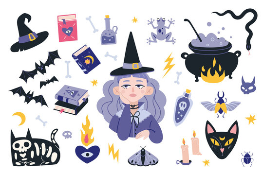 Witchcraft, Withcore Aesthetic Set With Beautiful Witch Girl, Occult Things. Bohemian Mystical Magic Collection Clip Art. Happy Halloween. Trendy Modern Vector Illustration, Hand Drawn, Flat