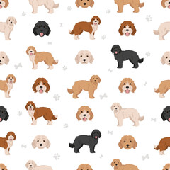 Cockapoo seamless pattern. Different poses, coat colors set