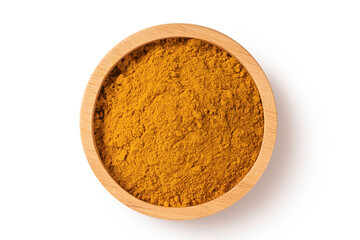 Turmeric powder in wooden bowl on white background. Top view
