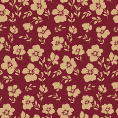 Seamless floral pattern with decorative art flowers on a burgundy surface. Elegant ditsy print, beautiful botanical background with hand drawn flowers, leaves in vintage style. Vector illustration.