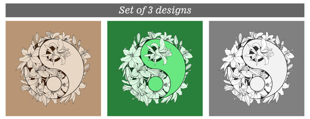 Floral vector illustration of Yin Yang symbol monochrome. Set of 3 backgrounds. Design for postcards, covers.