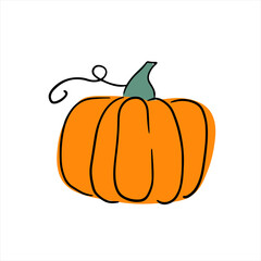A cute one orange pumpkin. Vector graphic for poster, postcard, t shirt design. Hand drawn outline illustration in doodle style. Autumn food, Halloween celebration