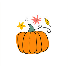A cute one orange pumpkin with decorative elements. Vector graphic for poster, postcard, t shirt design. Hand drawn outline illustration in doodle style. Autumn food, Halloween celebration