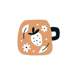 Single brown ceramic coffee or tea cup with ornament isolated on a white background. Hand drawn flat vector illustration in childish style. Graphic element for your t shirt, greeting design.