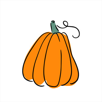 A cute one orange pumpkin. Vector graphic for poster, postcard, t shirt design. Hand drawn outline illustration in doodle style. Autumn food, Halloween celebration