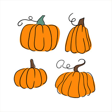 Set of four orange pumpkins. Vector graphic ellements for poster, postcard, t shirt design. Hand drawn outline illustration in doodle style. Autumn harvest and Halloween celebration