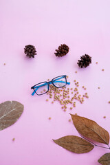 Fashion and beauty concept lying flat with square glasses, women's accessories on pink background.