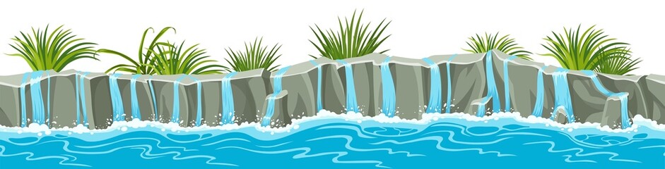 Set of seamless border old gray rock with grass and cascades water. Vector stone sidewalks with waterfall for computer games isolated on white background. © valadzionakvolha