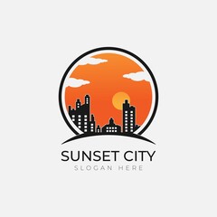 City skyline at sunset icon and logo design