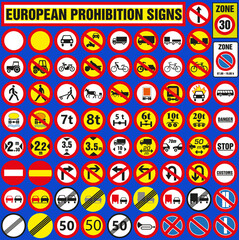 Europe prohibition road signs set.