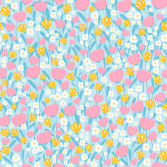 Spring floweral seamless pattern on blue background for surface design or wrapping paper, spring ornament