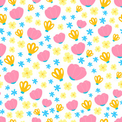 Summer floral seamless pattern on blue background for surface design or wrapping paper, ornament