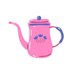 Vintage tea kettle. Light pink teapot with flowers object isolated on a white background. Kitchen pottery tableware. Hand-drawn colored cartoon vector illustration.  Print, poster, icon for design