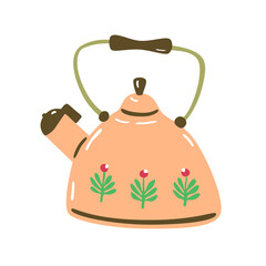 Vintage tea kettle. Light beige teapot with leaves object isolated on a white background. Kitchen pottery tableware. Hand-drawn colored cartoon vector illustration.  Print, poster, icon for design
