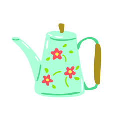 Vintage tea kettle. Light emerald teapot with flowers object isolated on a white background. Kitchen pottery tableware. Hand-drawn colored cartoon vector illustration.  Print, poster, icon for design