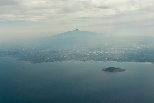 Aerial view of Jeju Island from the plane window.