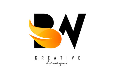 Vector illustration of abstract letters BW b w with fire flames and orange swoosh design.