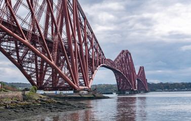 Red metal construction of Queensferry Crossing railway bridge