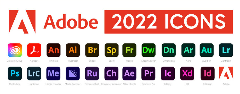 Adobe logotype icon set. Logo typeset collection. All Adobe programs 2022 logo download. Illustrator, Photoshop, After Effects, InDesign, Creative Cloud, Acrobat DC. Editorial Vector Illustration