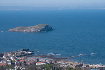 Fototapeta na wymiar Aerial view of North Berwick and sea on a beautiful clear spring day in Scotland