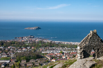 Aerial view of North Berwick and sea on a beautiful clear spring day in Scotland