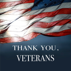 Veterans Day Concept - Veterans Day Message Sitting Over Dark Blue Background Next Under American Flag