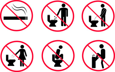  Access use warning in toilet , Do not urinate into the toilet pan,Do not litter,No Sanitary Pad down the Toilet,vector set.