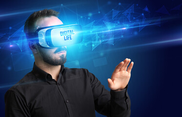Businessman looking through Virtual Reality glasses, virtual security concept