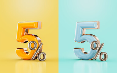 5 percent discount offer with two different glossy color orange and cyan 3d render concept - obrazy, fototapety, plakaty