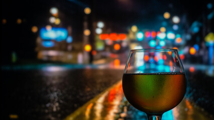 a glass with a wine on the night road background
