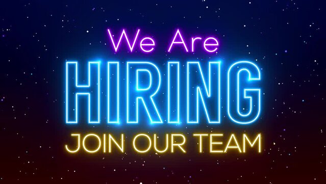Blue Colorful Glowing We Are Hiring Join Our Team Text Reveal Neon Light Flare Motion In Space Glitter Sparkle Particles Background, Last 10 Seconds Loopable