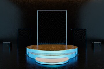 abstract background. a beautiful pedestal for advertising products illuminated with neon light with several rectangular neon arches in the background on a black background. 3d illustration. 3d render