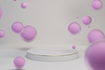 abstraction. beautiful flying matte balls of pink color on a white background in the middle of which is a pedestal for placing products or text. 3d render. 3d illustration