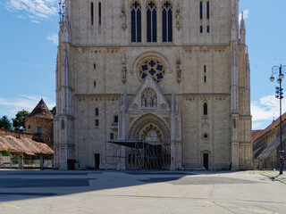 Low-angle view of the entrance of  Neo Gothic-style Zagreb Cathedral