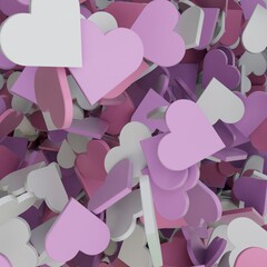 abstract background consisting of patterns of scattered small pink, purple and white hearts. 3d render. 3d illustration