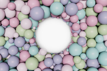 abstract background. multi-colored balls of different sizes on a white background with a place for a product or text in the middle. 3d render. 3d illustration