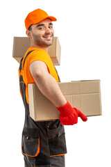 Delivery man with a box. Staff laborer in uniform-cap, t-shirt, coveralls service moving delivering orders goods. Guy holding cardboard package. Character on isolated white background, mockup design