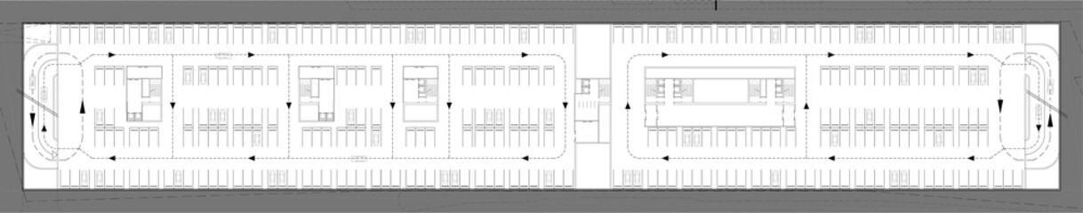 2d conceptual architectural drawing of a closed parking lot at basement floor of a mix-used building.  Longitudinal space planning. Vehicle circulation directions are marked with arrows. 