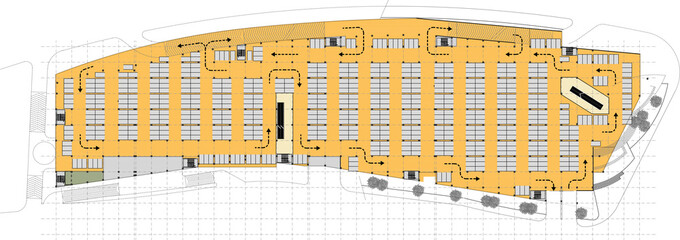 2d conceptual architectural drawing of a closed parking lot at basement floor of a big shopping center.  Vehicle circulation directions are marked with arrows.  Colored plan sketch. 
