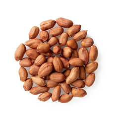 Heap of raw peeled peanuts isolated on a white background. Pile of organic groundnut or monkey nut cutout. Arachis hypogaea as edible seeds and oil crop concepts. Vegetarian snack.
