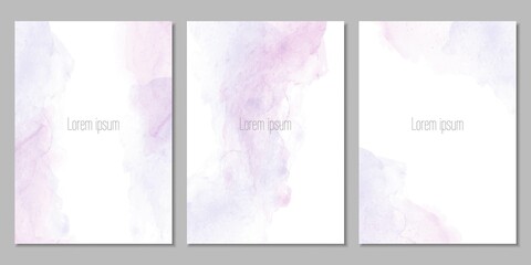 Vector set of templates with watercolor background in pink and purple colors