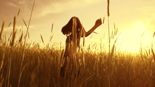 Beauty girl running on yellow wheat field over sunset sky. Beautiful woman spinning and raising hands. Silhouette of female on nature background. Enjoying nature. Slow motion