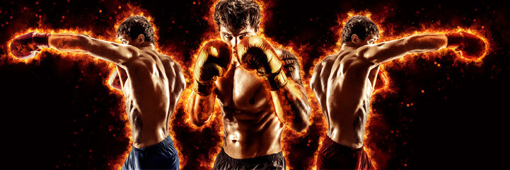 3 boxers boxing on dark background with copy space. Sport concept.