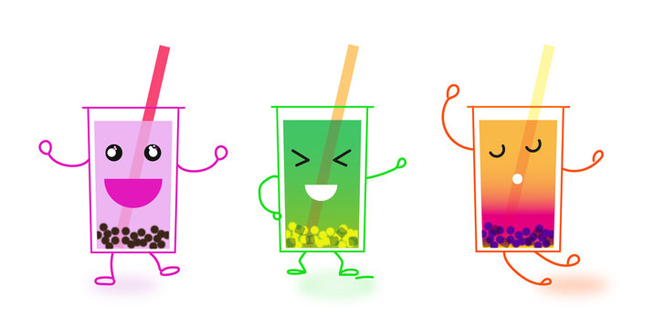 Bubble tea illustration characters kawai japan multicolored drink fruit,taro, kiwi, exotic fruit with tapioca bubble. Concept characters fun style
